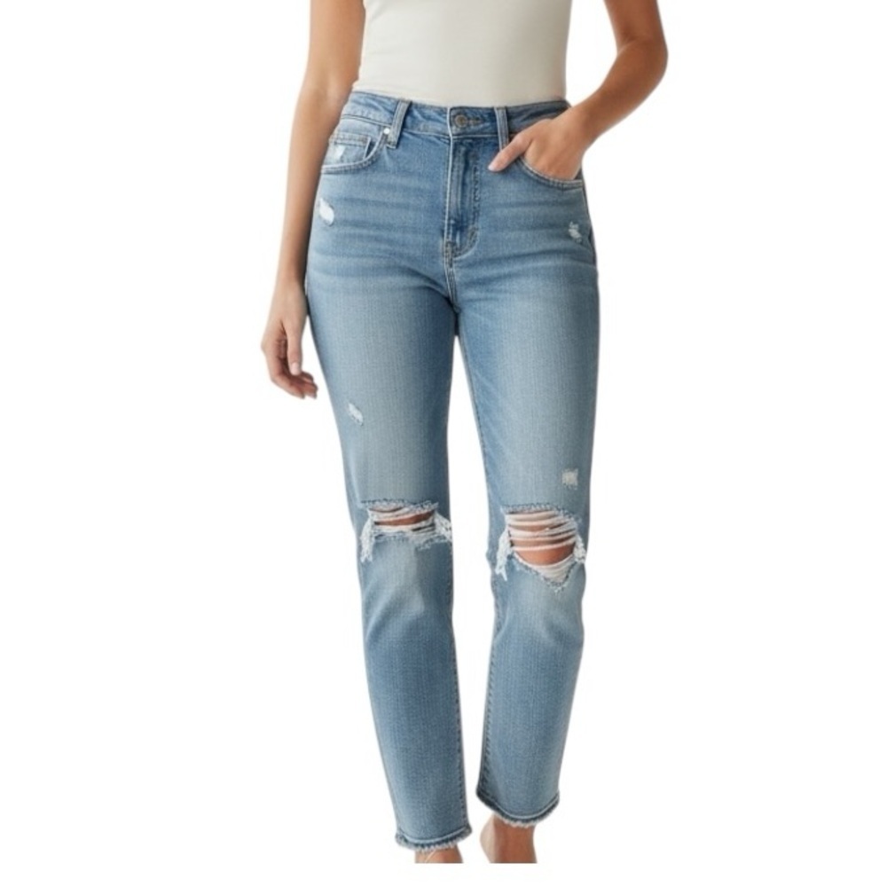 American Eagle Stretch Mom Straight Ankle Light Wash Distressed Jeans Size 6 W28